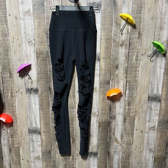 ALO Yoga High Waisted Ripped Warrior Black Leggings - Picture 2 of 7